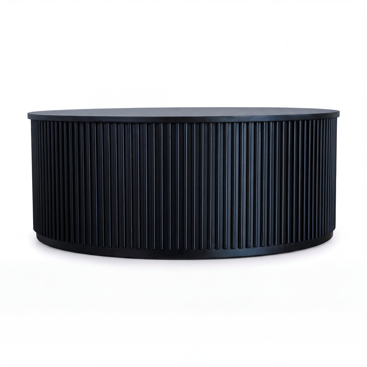 Ayla Fluted 90cm Round Coffee Table Black, front view on a white background showing the vertical flutes