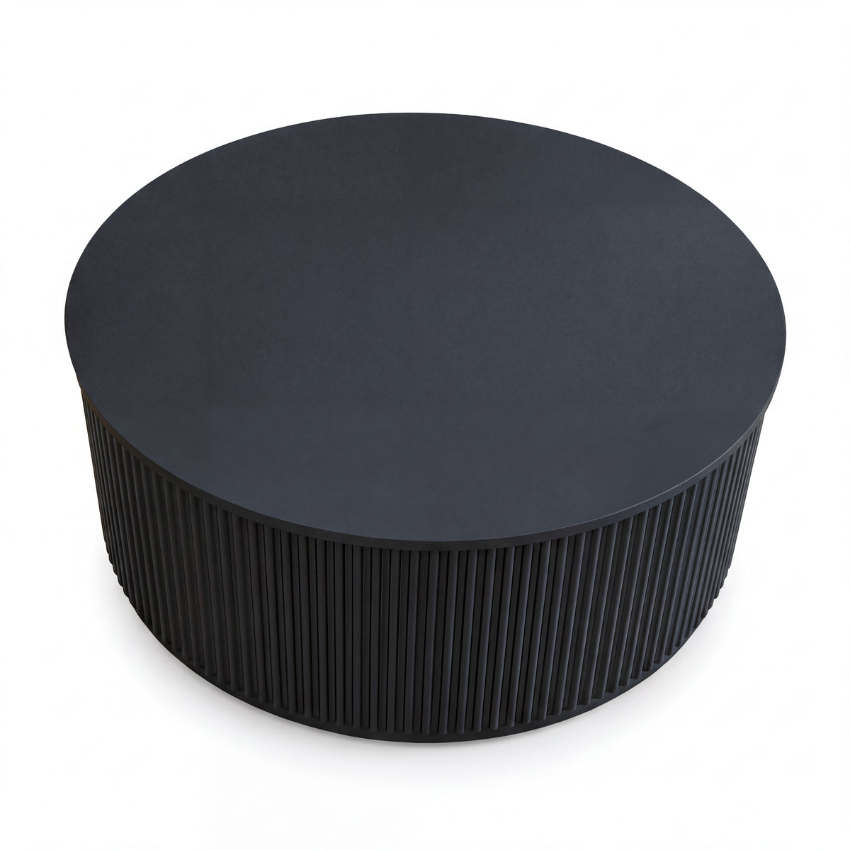 Ayla Fluted 90cm Round Coffee Table Black, high three-quarter view on a white background showing the round top
