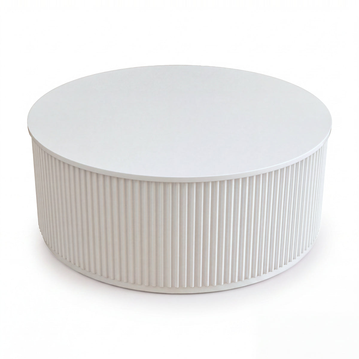 Ayla Fluted 90cm Round Coffee Table White, three-quarter view on a white background showing the fluted drum and round top