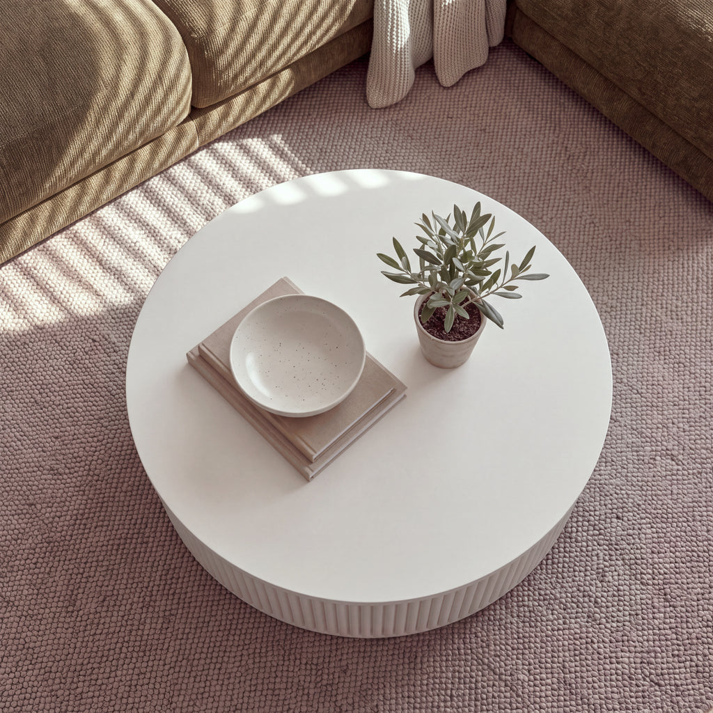Ayla Fluted 90cm Round Coffee Table White seen from above on a rug, with a bowl on books and a small potted olive tree