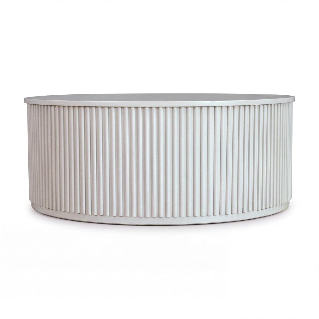 Ayla Fluted 90cm Round Coffee Table White, front view on a white background showing the vertical flutes