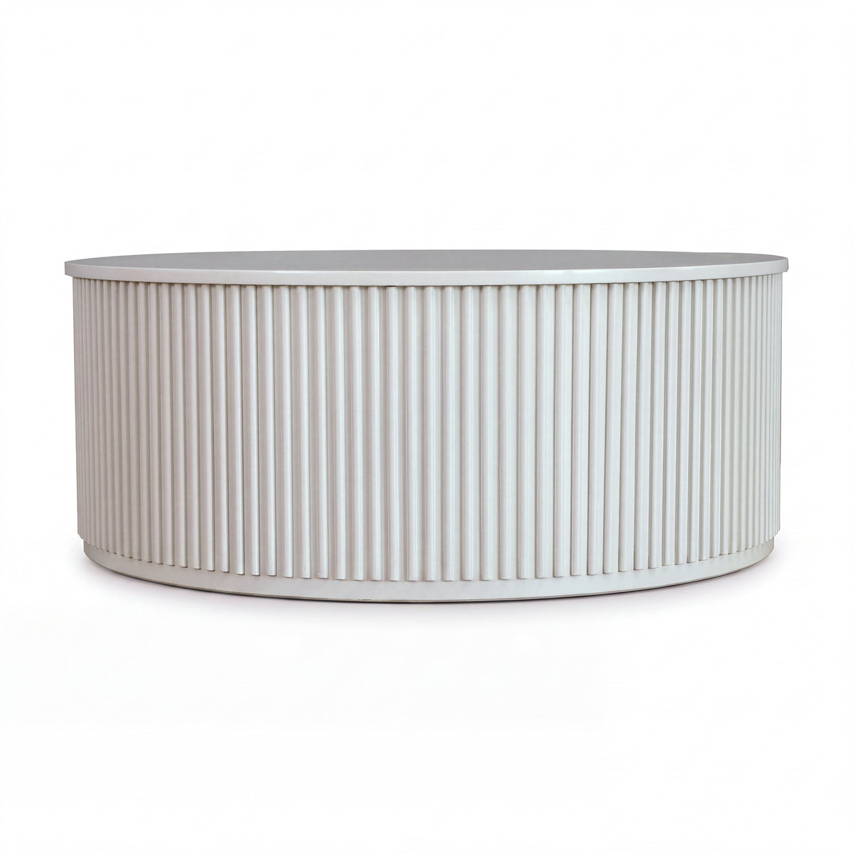 Ayla Fluted 90cm Round Coffee Table White, front view on a white background showing the vertical flutes
