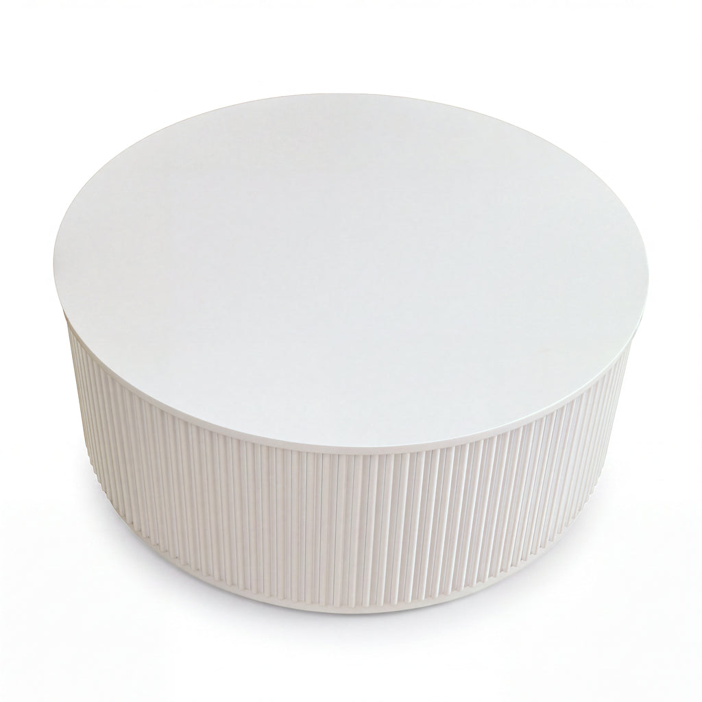 Ayla Fluted 90cm Round Coffee Table White, high three-quarter view on a white background showing the round top