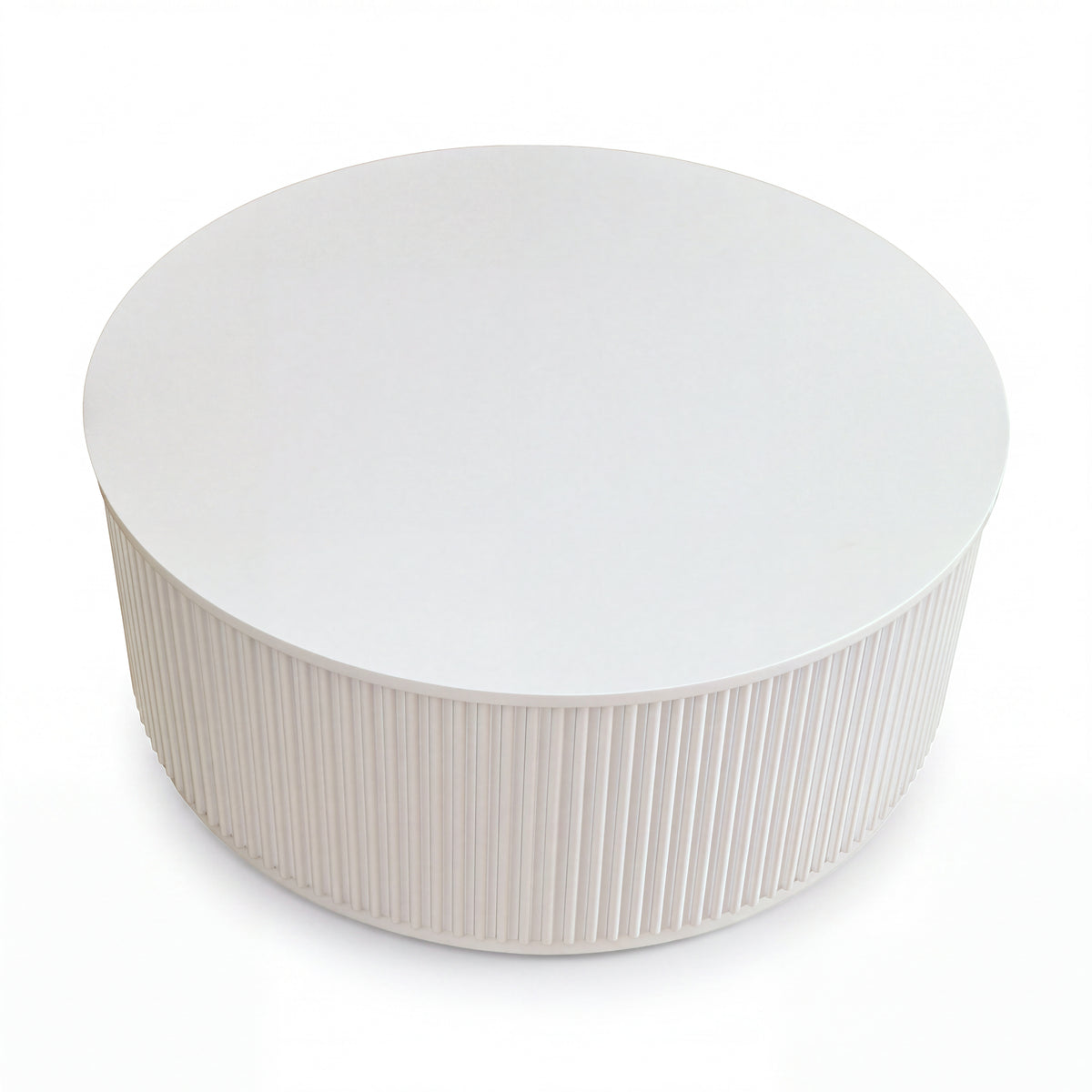 Ayla Fluted 90cm Round Coffee Table White, high three-quarter view on a white background showing the round top