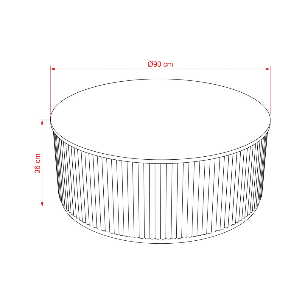 Ayla Fluted 90cm Round Coffee Table White, dimension drawing: 90 cm diameter, 36 cm high