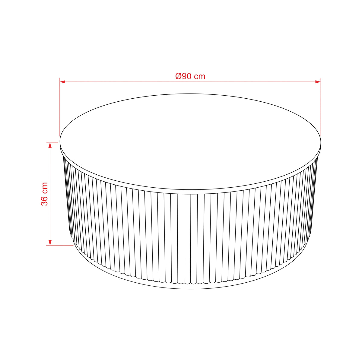 Ayla Fluted 90cm Round Coffee Table White, dimension drawing: 90 cm diameter, 36 cm high