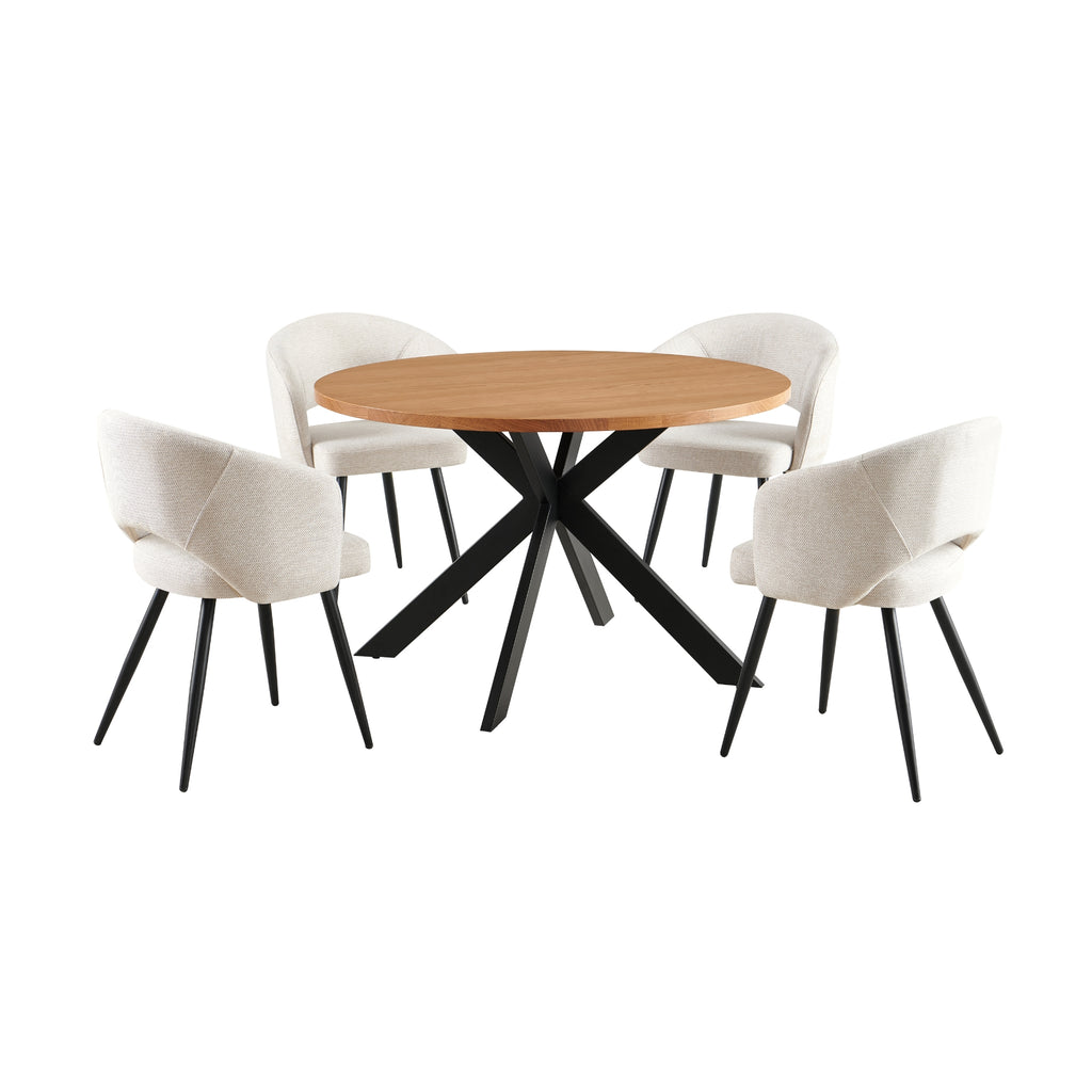 Barlo 5pc Dining Set 120cm Round Table 4 Beige Chair Natural