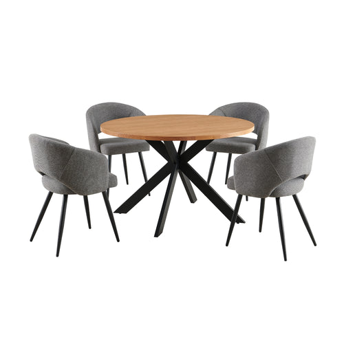 Barlo 5pc Dining Set 120cm Round Table 4 Grey Chair Natural