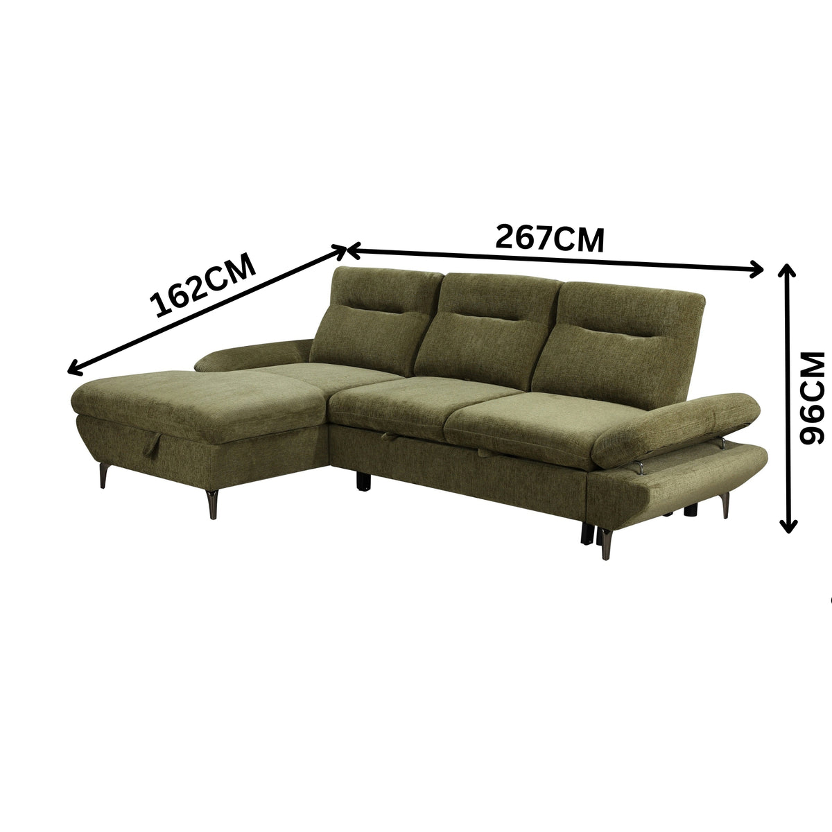 Bellemave 2 Seater Fabric Sofa Bed LHF Storage Chaise Green