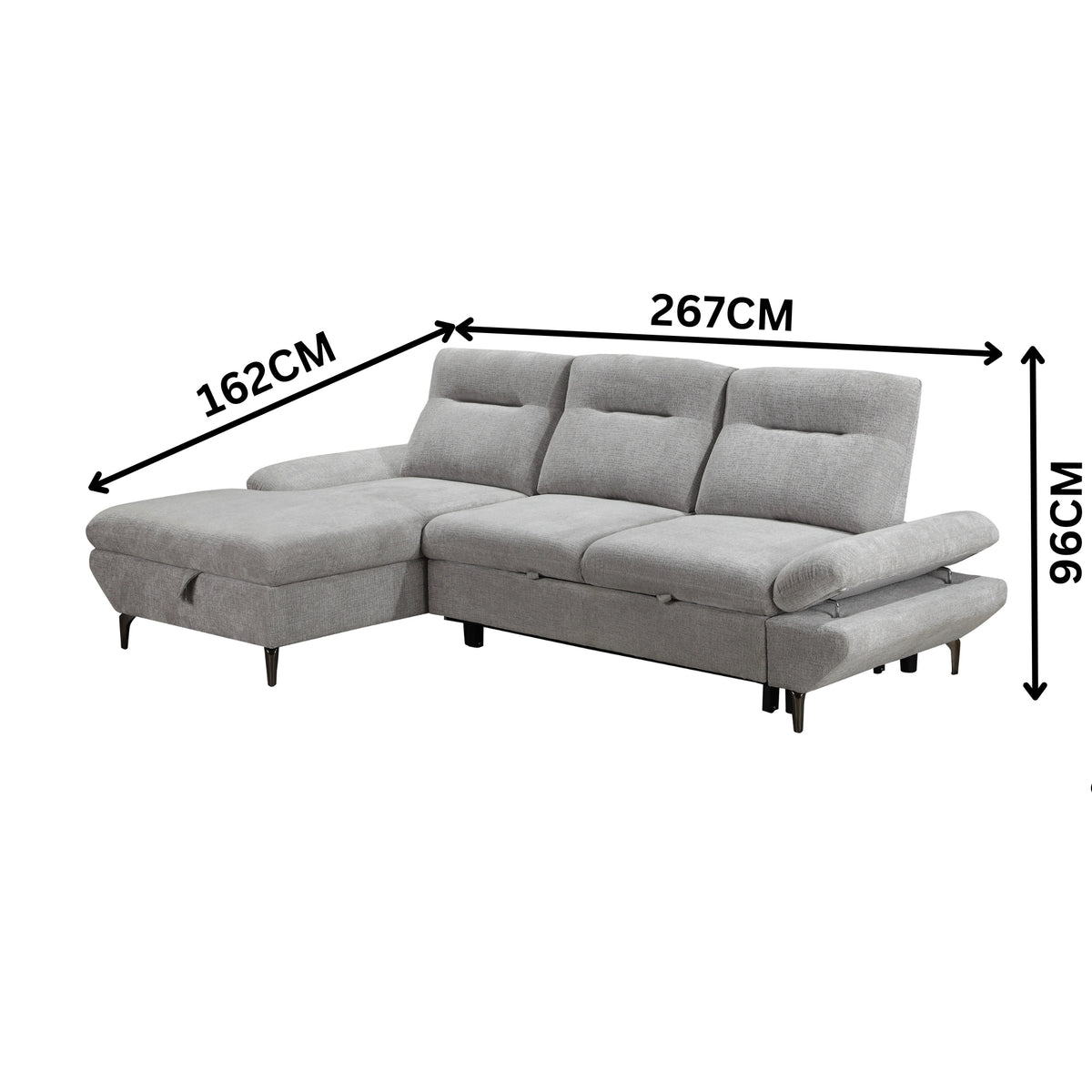 Bellemave 2 Seater Fabric Sofa Bed LHF Storage Chaise Grey