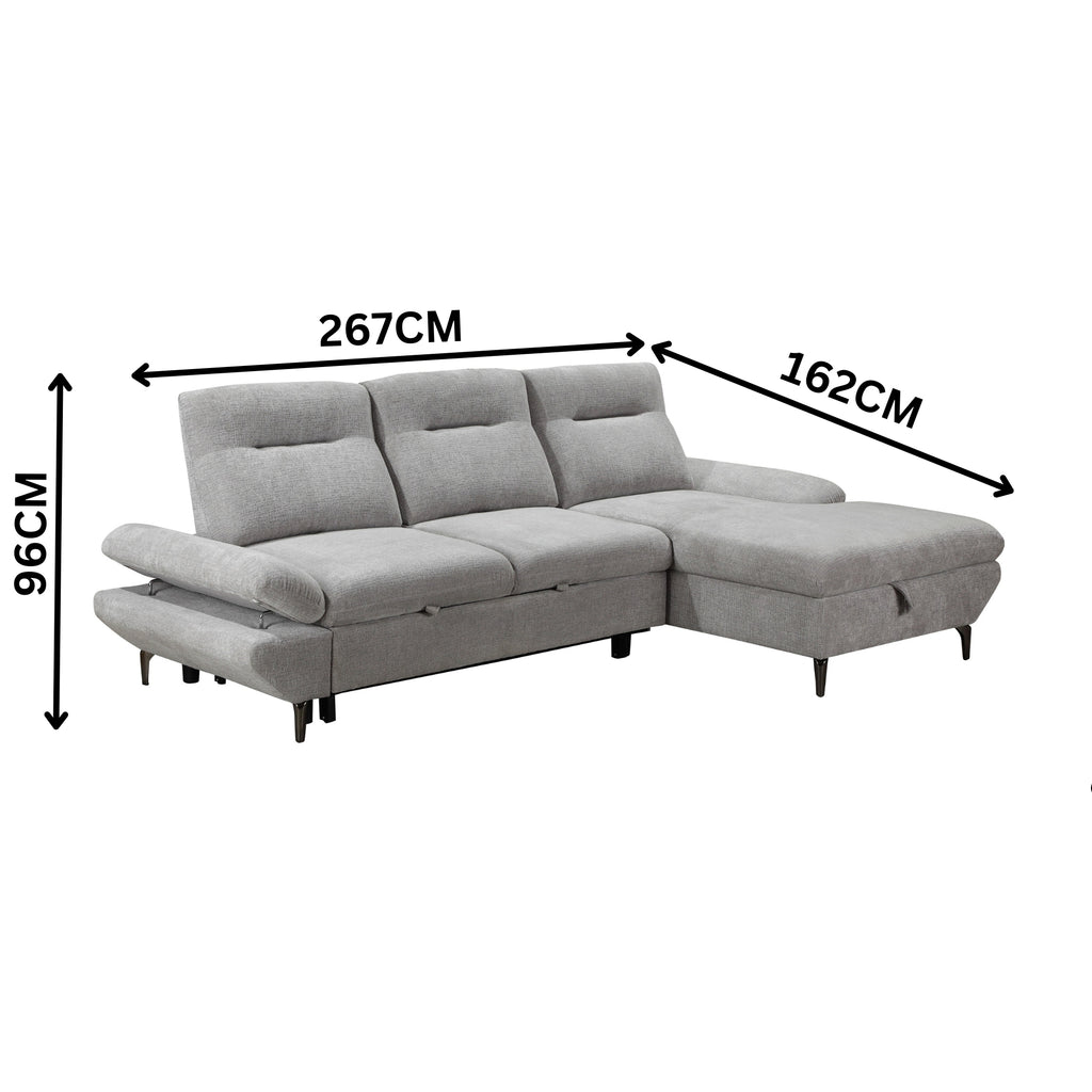 Bellemave 2 Seater Fabric Sofa Bed RHF Storage Chaise Grey