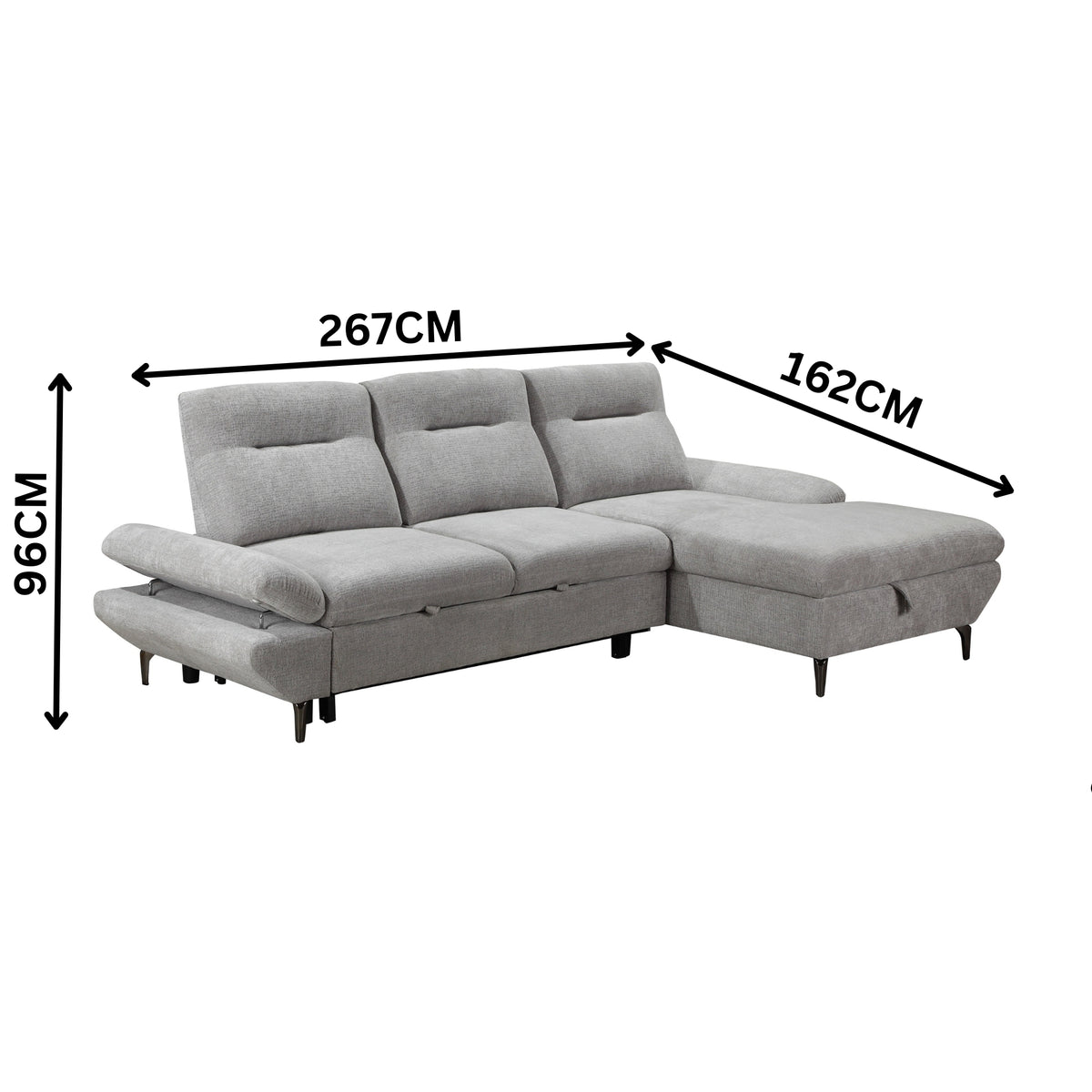 Bellemave 2 Seater Fabric Sofa Bed RHF Storage Chaise Grey