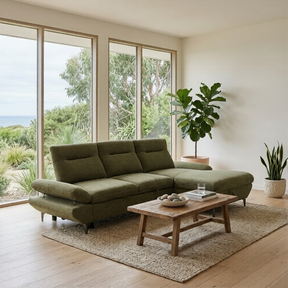 Bellemave 2 Seater Fabric Sofa Bed RHF Storage Chaise Green