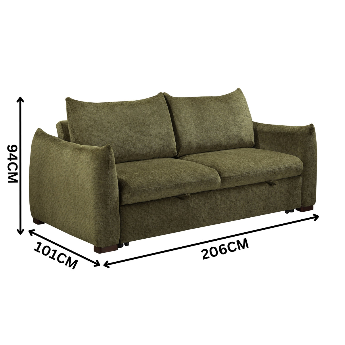 Bondie 3 Seater Fabric Sofa Pullout Bed Green