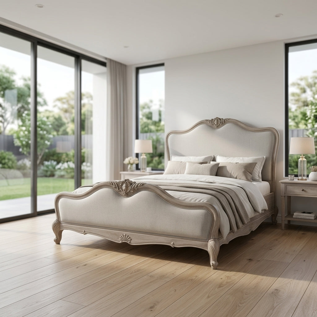Bordeaux Queen Bed Frame French Provincial Upholstered Grey Wash