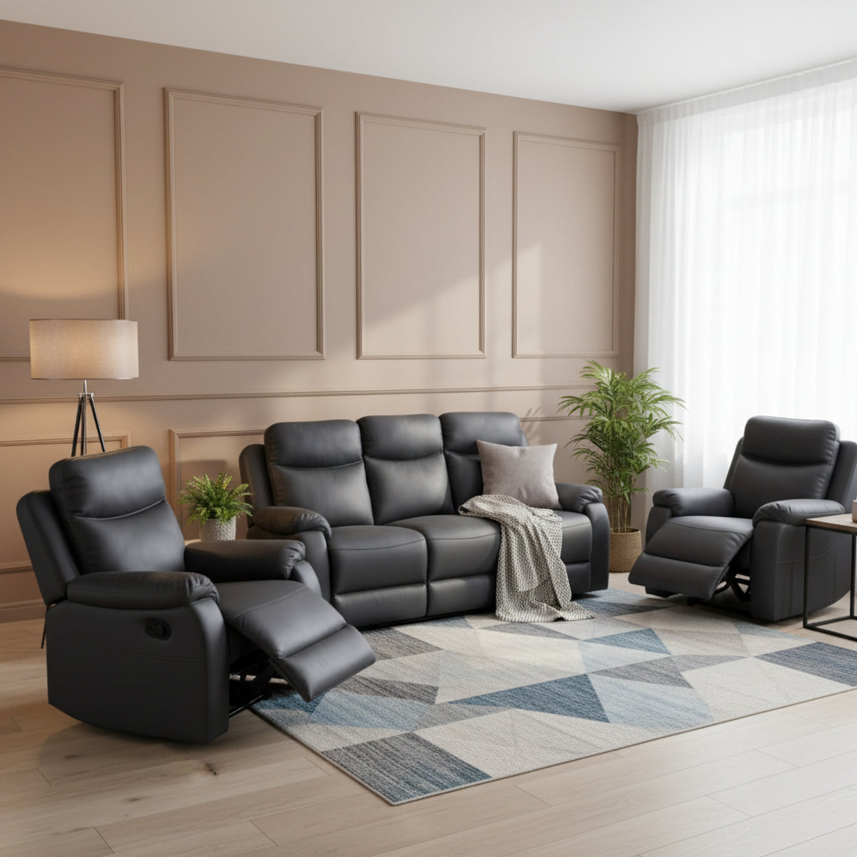 Harry 1+1+3 Seater Manual Recliner Sofa Lounge Set Endurotek Fabric Lounge Licorice Grey