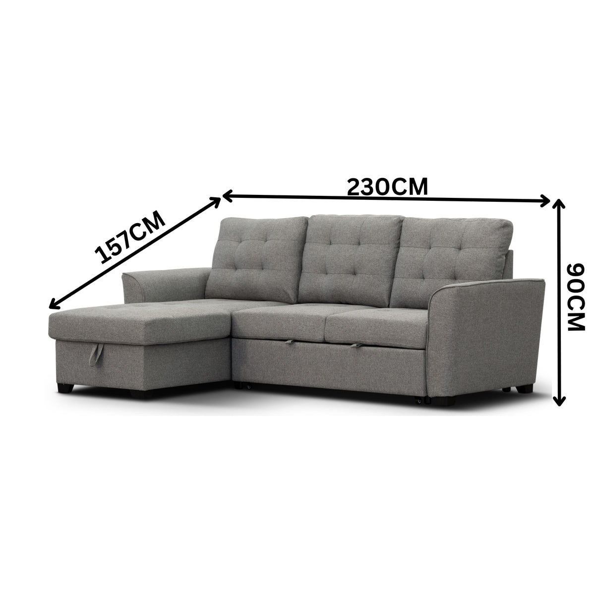 Camden 2 Seater Fabric Sofa Bed Reversable Storage Chaise Grey