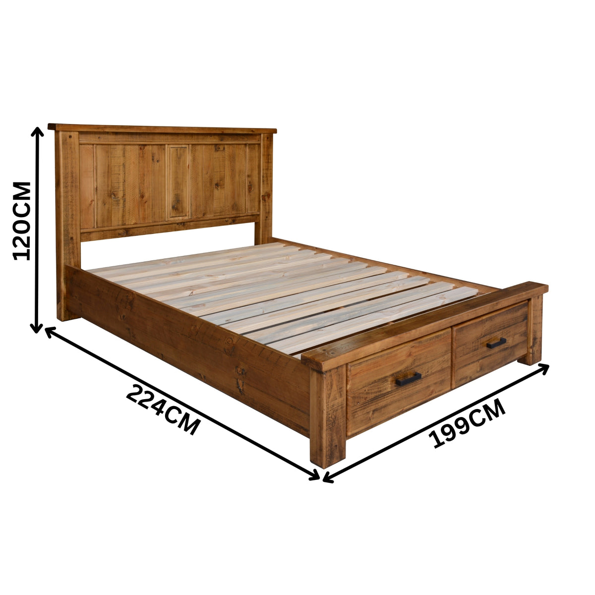 Camdenville Queen Bed Frame Storage Drawer Solid Pine Frame Oak