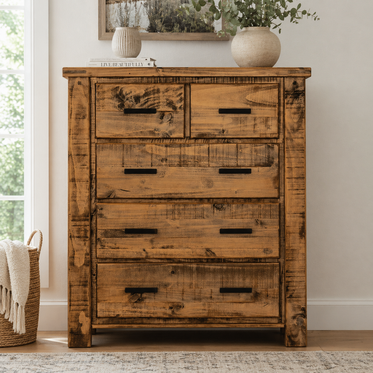 Camdenville Tallboy Chest of Drawer Solid Pine Frame Oak