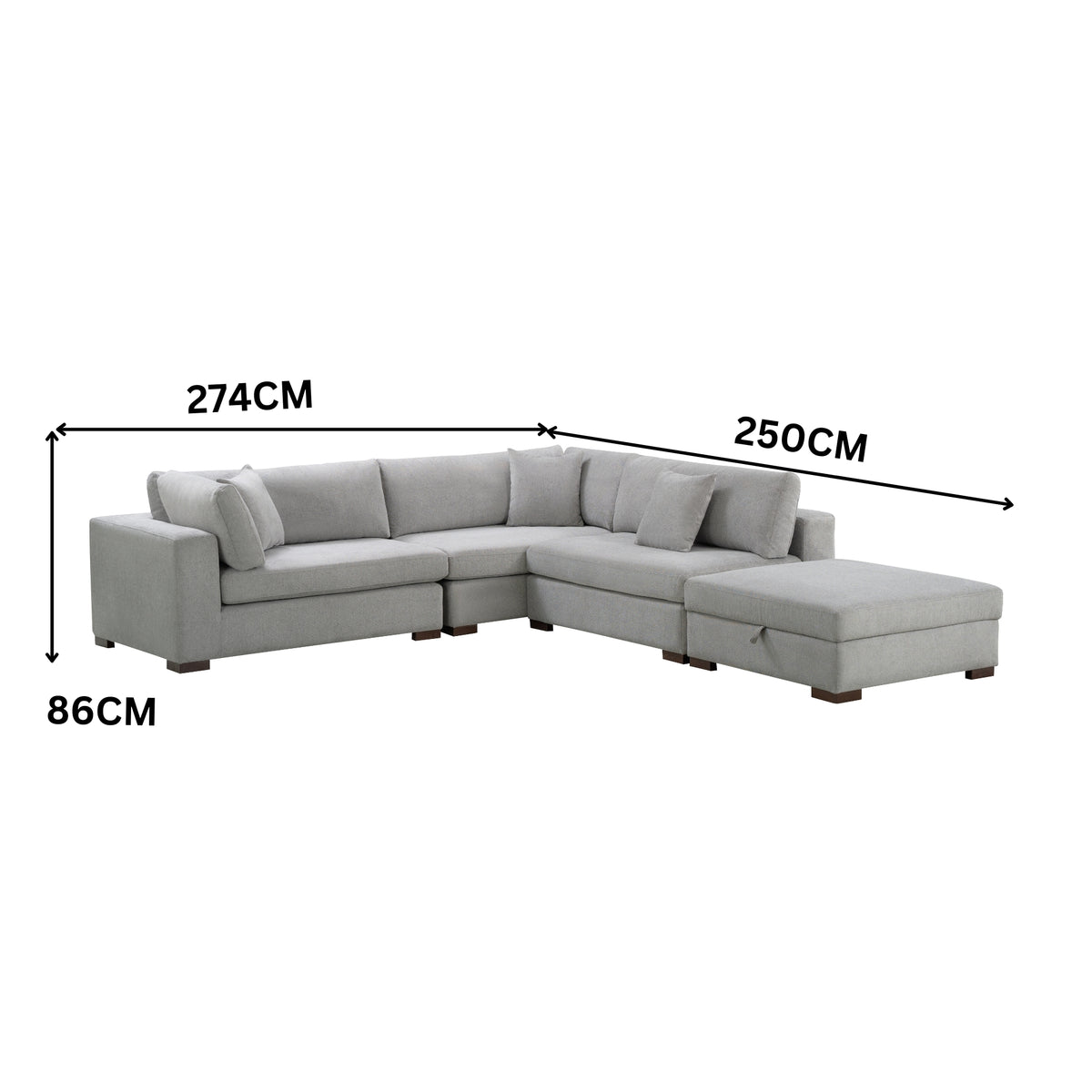 Camo 5 Seater Corner Fabric Sofa  Sectional with Storage Ottoman Grey   