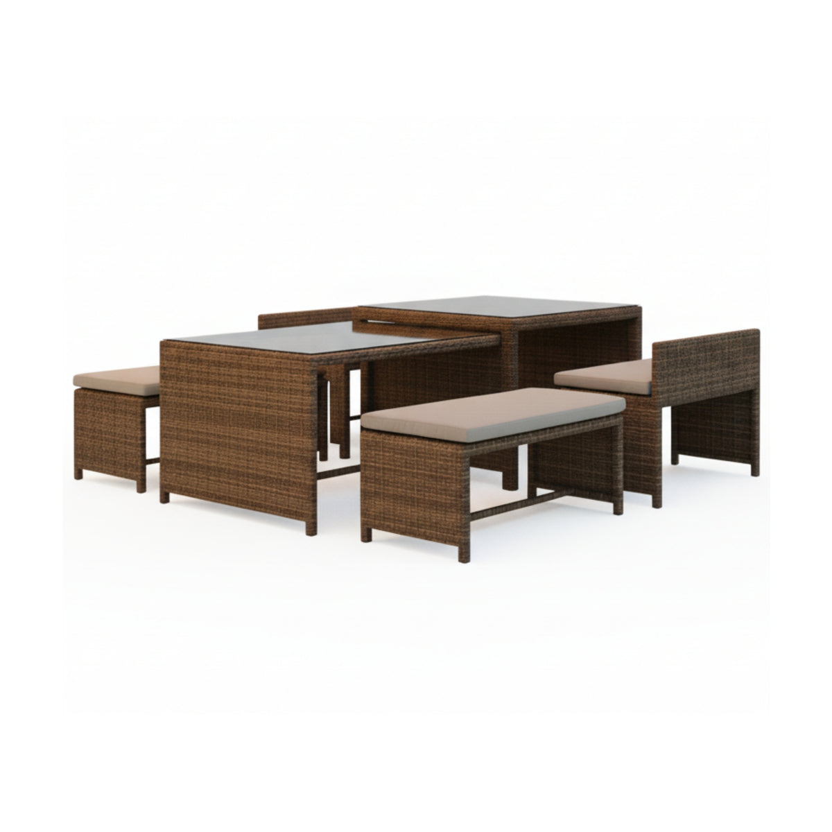 Carlo 6Pc Nested Wicker Dining Table Seat Bench Set Brown