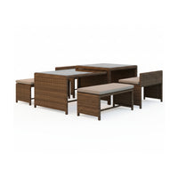 Carlo 6Pc Nested Wicker Dining Table Seat Bench Set Brown