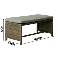 Carlo 6Pc Nested Wicker Dining Table Seat Bench Set Brown