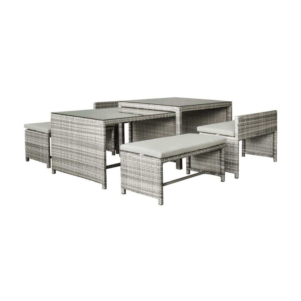 Carlo 6Pc Nested Wicker Dining Table Seat Bench Set Dark Grey