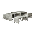 Carlo 6Pc Nested Wicker Dining Table Seat Bench Set Dark Grey