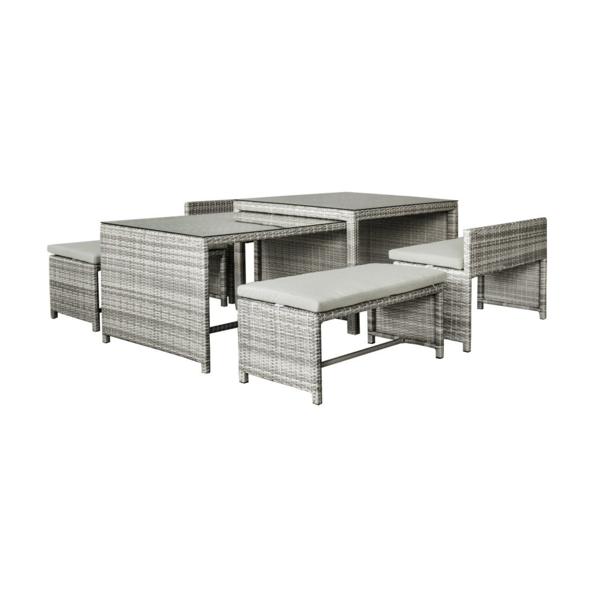 Carlo 6Pc Nested Wicker Dining Table Seat Bench Set Dark Grey