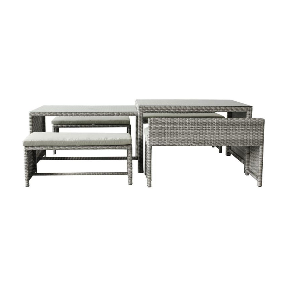 Carlo 6Pc Nested Wicker Dining Table Seat Bench Set Dark Grey