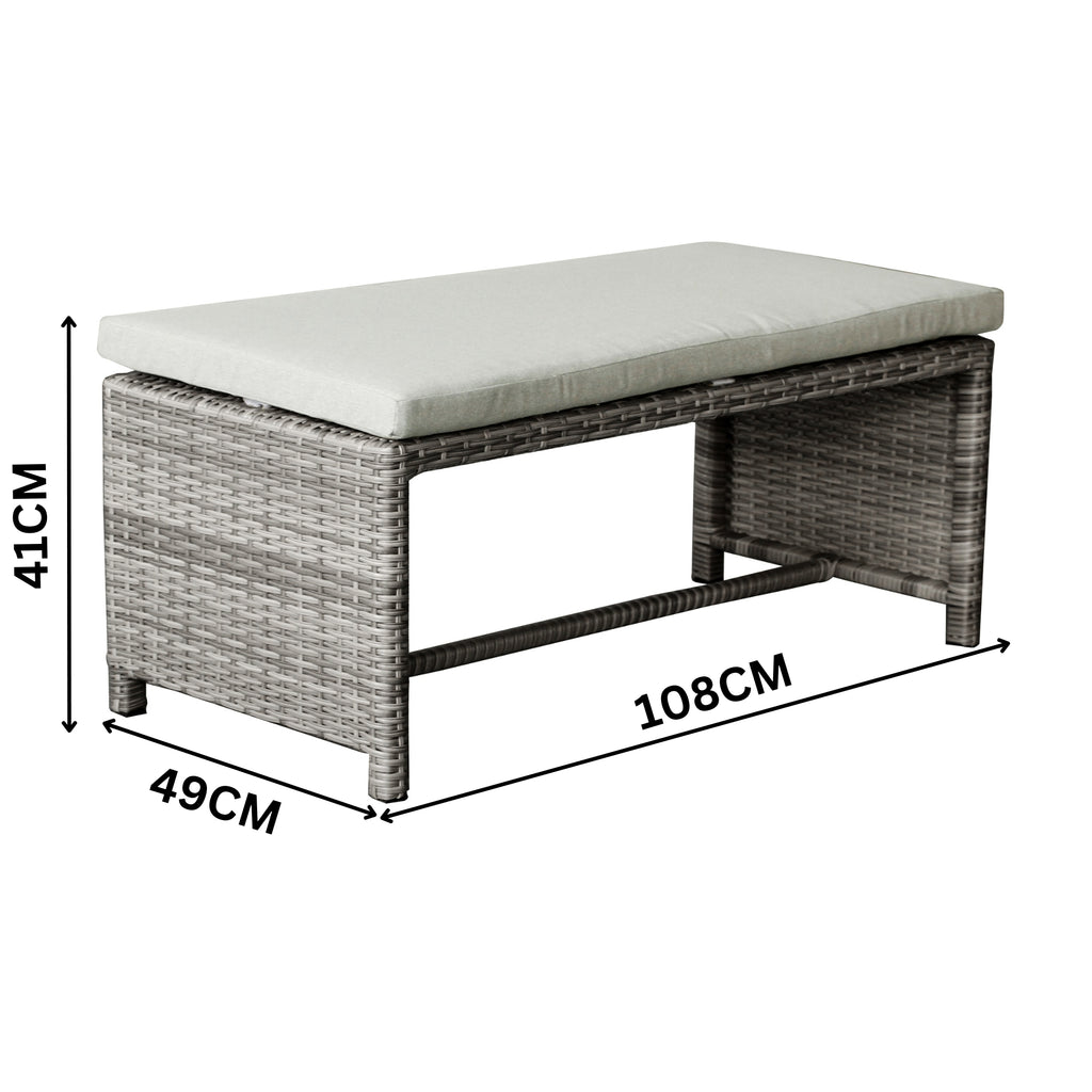 Carlo 6Pc Nested Wicker Dining Table Seat Bench Set Dark Grey