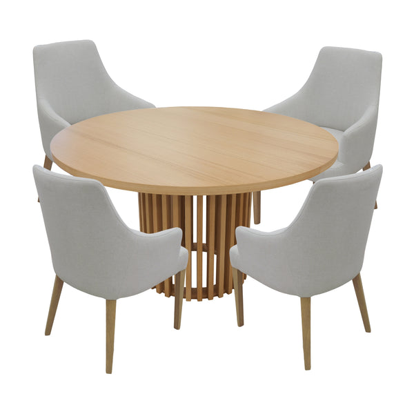 Catalina 5pc Set Round Dining Table Grey Fabric Chair Natural Oak