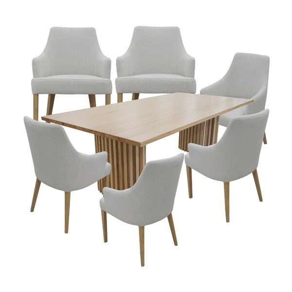 Catalina 7pc Set Dining Table Grey Fabric Chair Natural Oak