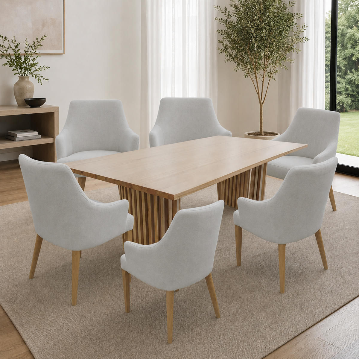 Catalina 7pc Set Dining Table Grey Fabric Chair Natural Oak