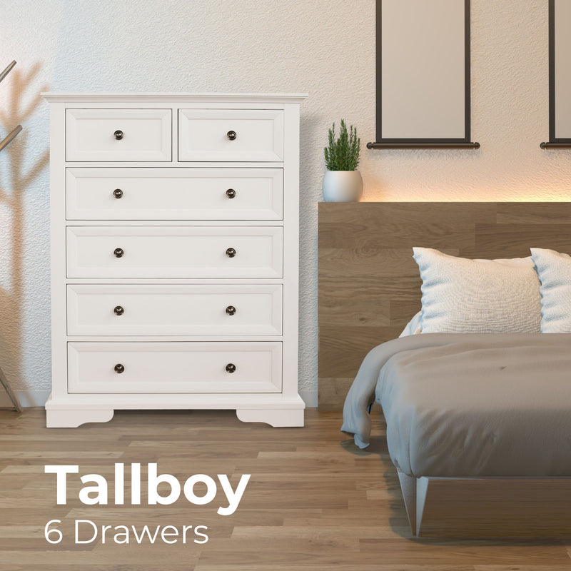 Celosia Tallboy 6 Chest of Drawers Solid Acacia Wood Bed Storage Cabinet - White