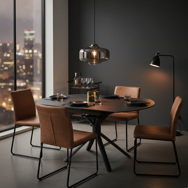 Colin 90-135cm Extendable Round Dining Table Ceramic Tempered Glass Top Dark Grey