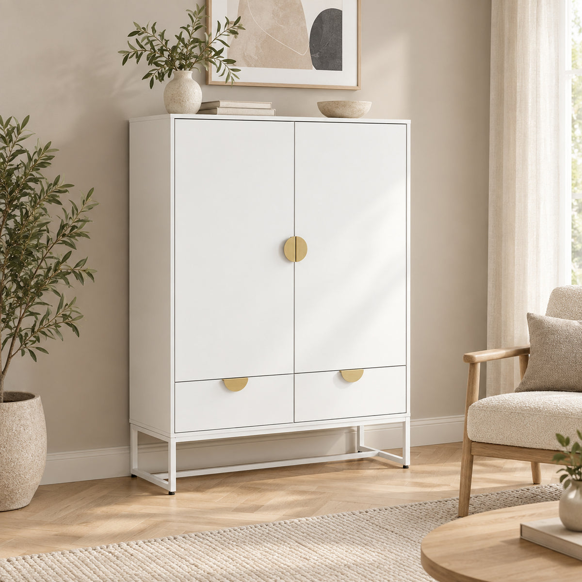 Cortez 100cm Highboard Storage Cabinet White, in a living room beside an armchair