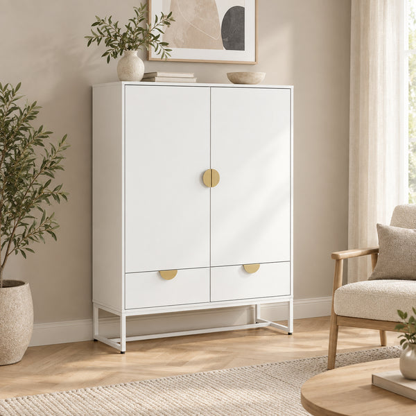 Cortez 100cm Highboard Storage Cabinet White, in a living room beside an armchair