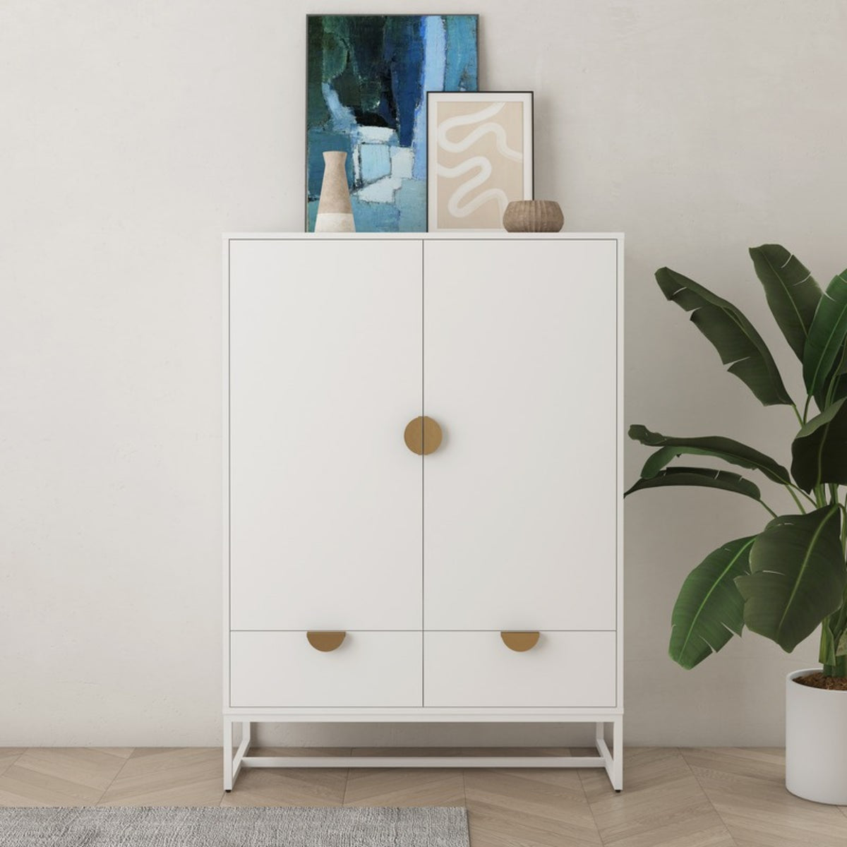 Cortez 100cm Highboard Storage Cabinet White, in a room with framed artwork and a potted plant