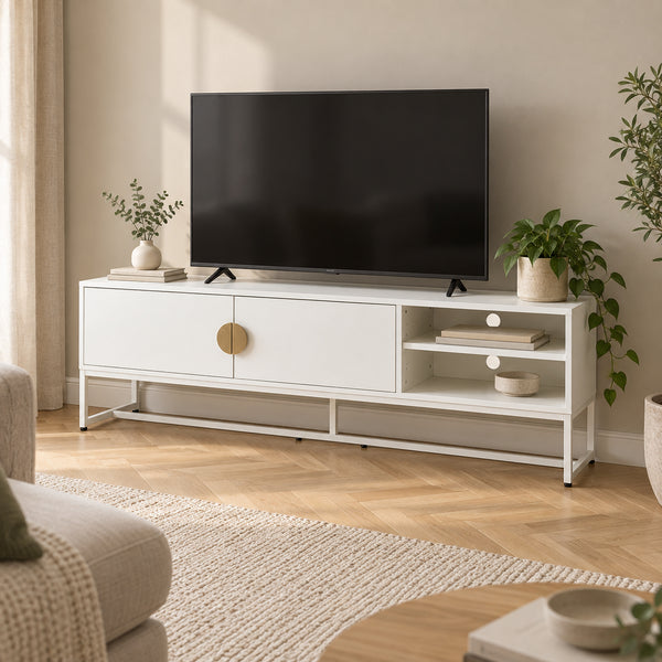 Cortez 160cm ETU Entertainment TV Unit White, in a living room with a TV on top