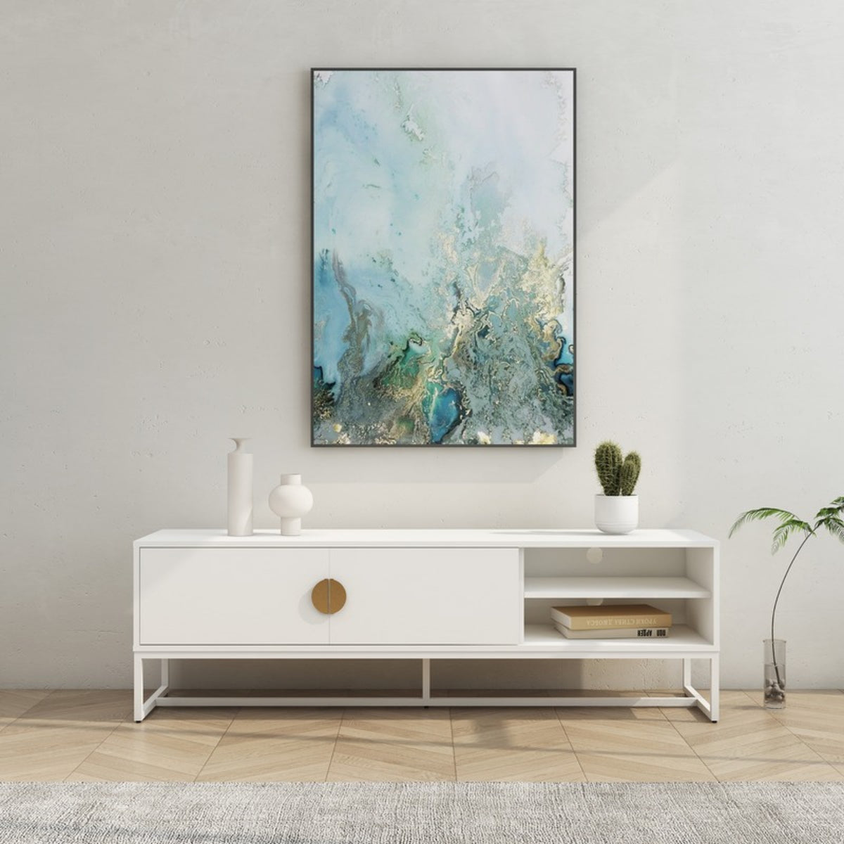 Cortez 160cm ETU Entertainment TV Unit White, in a living room beneath abstract artwork