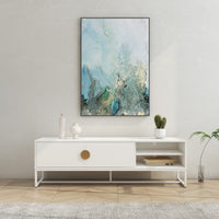 Cortez 160cm ETU Entertainment TV Unit White, in a living room beneath abstract artwork