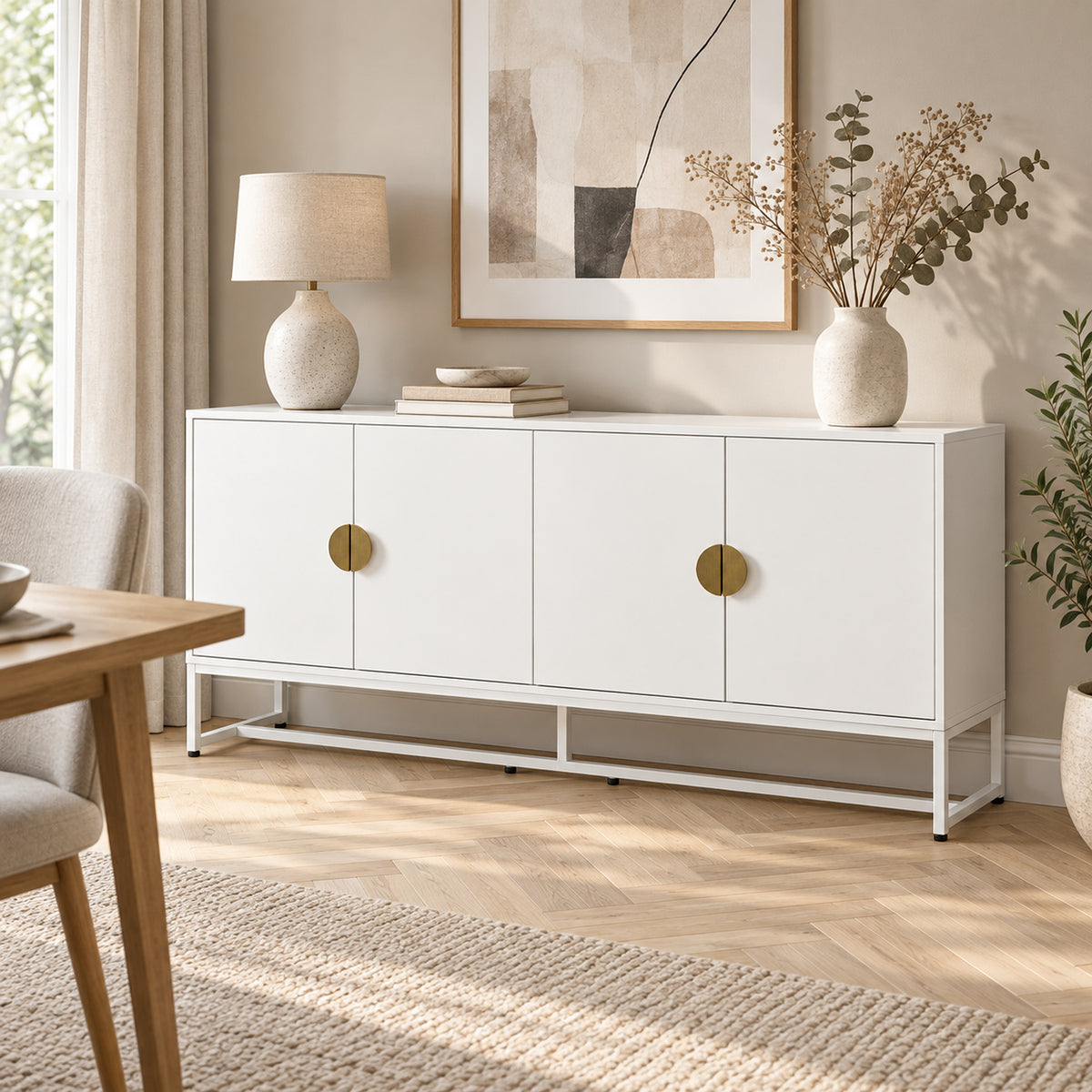 Cortez 160cm Sideboard Buffet Table White, in a dining area beneath a framed print