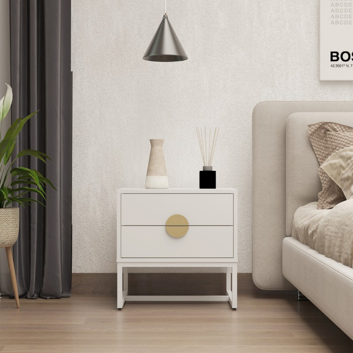 Cortez 2 Drawer Bedside Table White, beside a bed beneath a pendant light