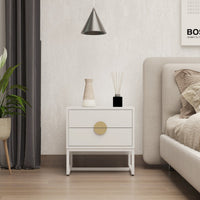 Cortez 2 Drawer Bedside Table White, beside a bed beneath a pendant light