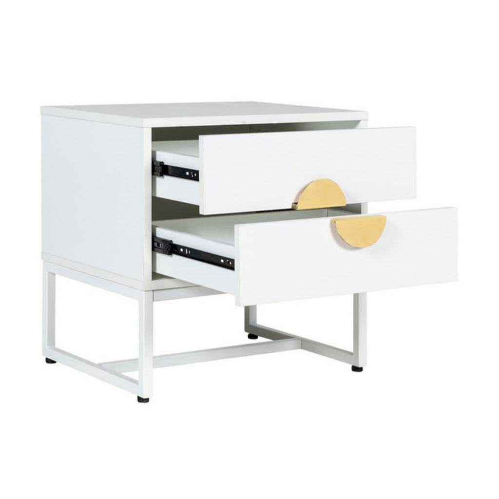 Cortez 2 Drawer Bedside Table White, angled view with both drawers open