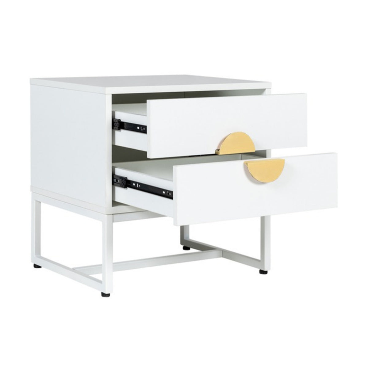 Cortez 2 Drawer Bedside Table White, angled view with both drawers open