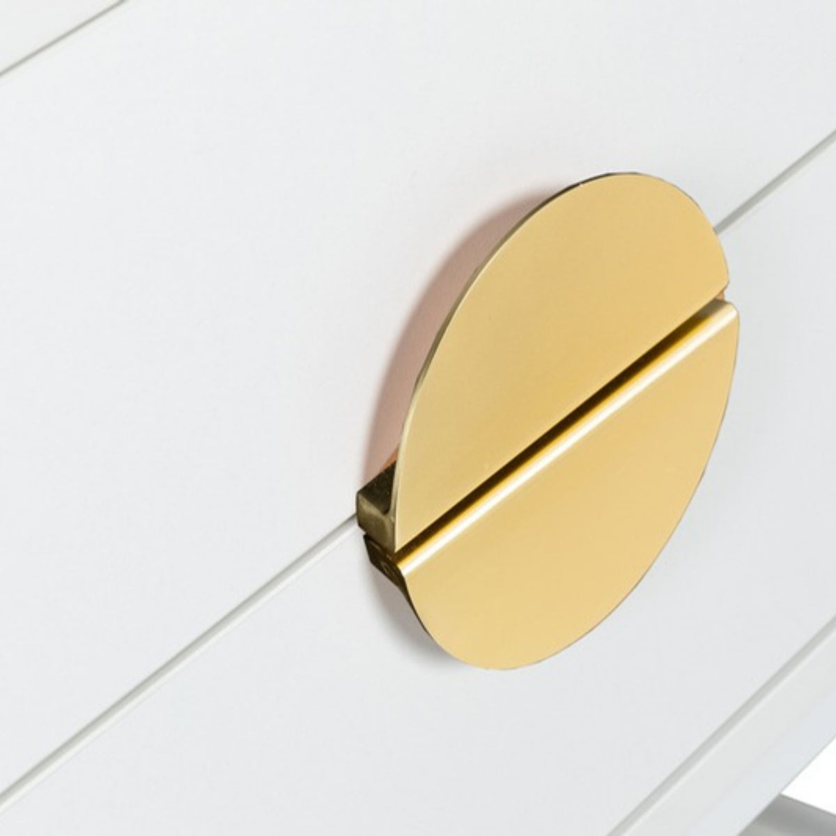 Cortez 2 Drawer Bedside Table White, close-up of the brass handle