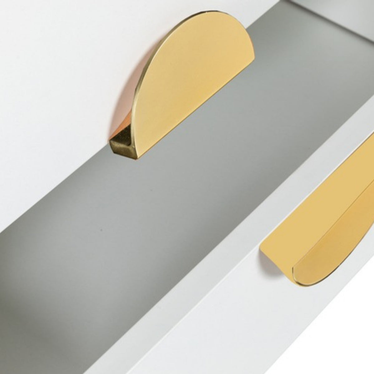 Cortez 2 Drawer Bedside Table White, close-up of the handle with a drawer open